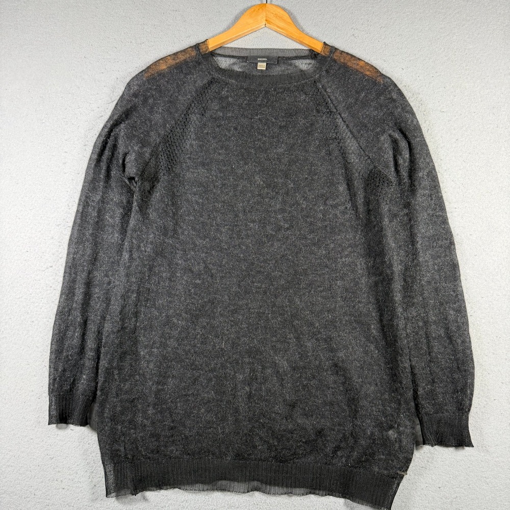 Diesel Womens Dark Grey Sheer Knit Sweater Tunic Dress Size L Raglan Sleeve